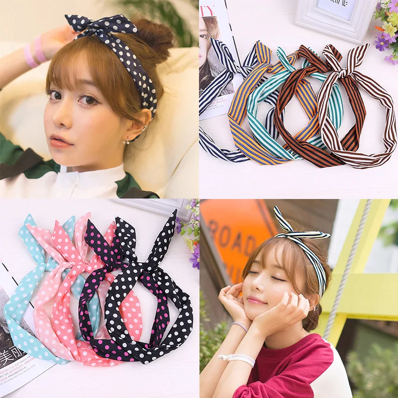 

Hot 2018 Cute Korean Dots Bowknots Sweet Striped Hair band for women Rabbit Ear Headband girls Hair Accessories