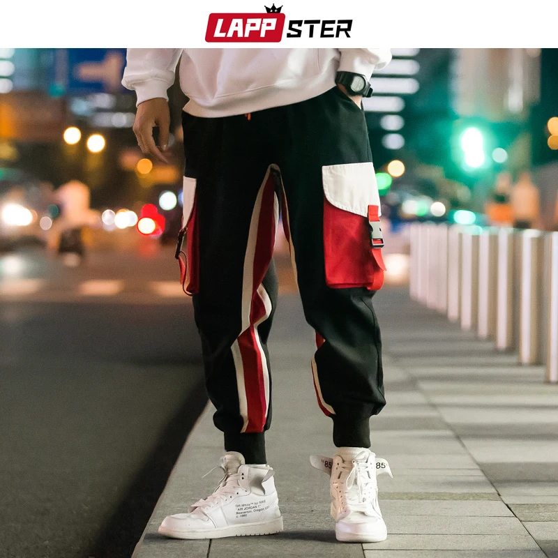 

LAPPSTER Ankel Length Streetwear Cargo Pants 2019 Color Block Harem Pants Side Striped Sweatpants Patchwork Casual Joggers Pants
