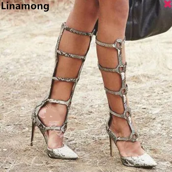 

2019 Newest Fashion Snakeskin Pattern Sexy Thin High Heel And Pointed Toe Shallow Rome Style Summer Hottest Women Sandals