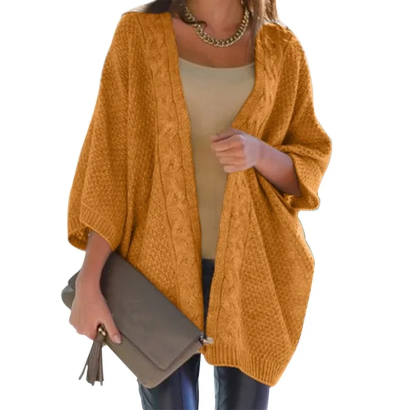 LAAMEI Girl Casual Long Knitted Cardigan Jumper Ladies' Autumn Winter Warm Korean Loose Solid Sweater Jacket Yellow |