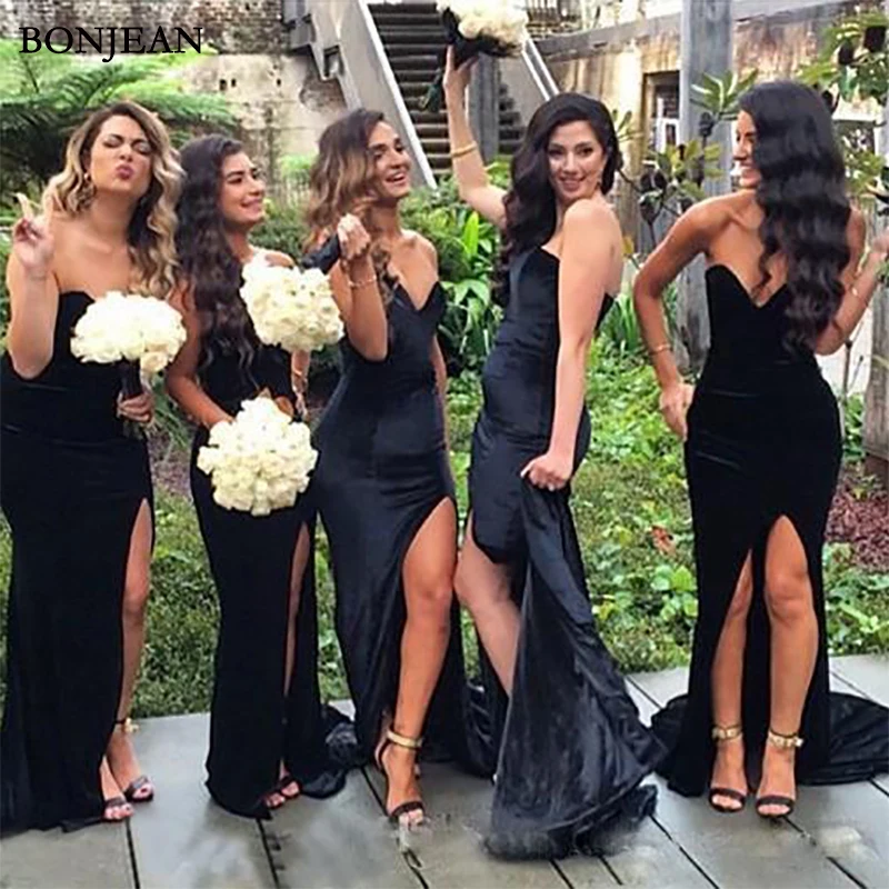 

2019 Black Bridesmaid Dresses Sweetheart Off Shoulder Long Mermaid Split Custom Made Wedding Guest Bridesmaids Gowns