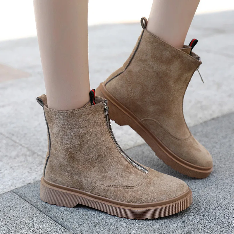 

High Quality Genuine Leather Boots Women 2018 New Sexy Front Zip Motorcycle Boot Fashion Autumn Winter Fur Women Snow Boots