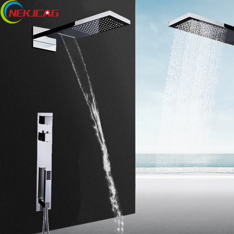 

Bathroom Shower Set Chrome Thermostatic Rain Waterfall Shower Faucet Dual Handle Wheel with Handheld Shower