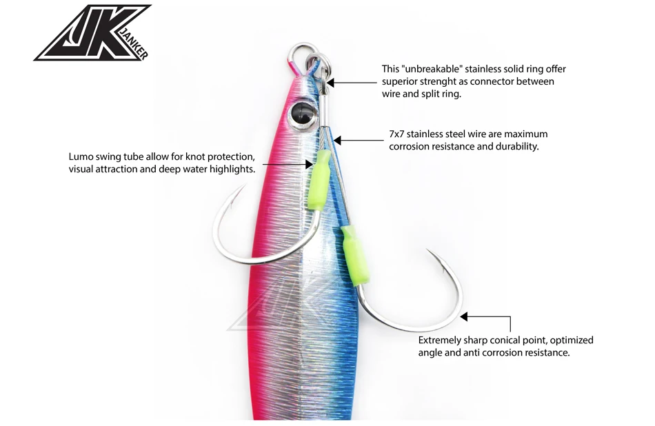JK 3 Упаковка износостойкий Вибрационный крючок, стальная проволока, джиг, двойные вспомогательные крючки, светящийся Морской рыболовный крючок, морские крючки, рыболовные снасти для лодки