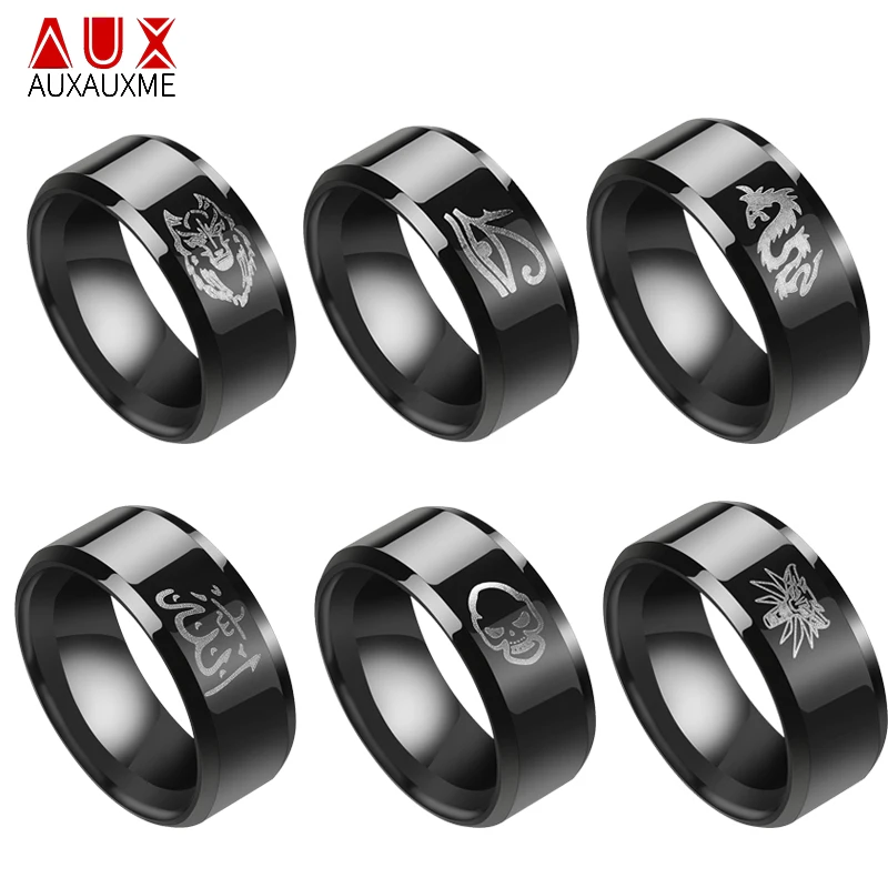 

Auxauxme 8mm Titanium Steel Anime Attack on Titan Rings Black Lion Head Dragon Gods of Egypt Skull 6 Style Ring For male Jewelry