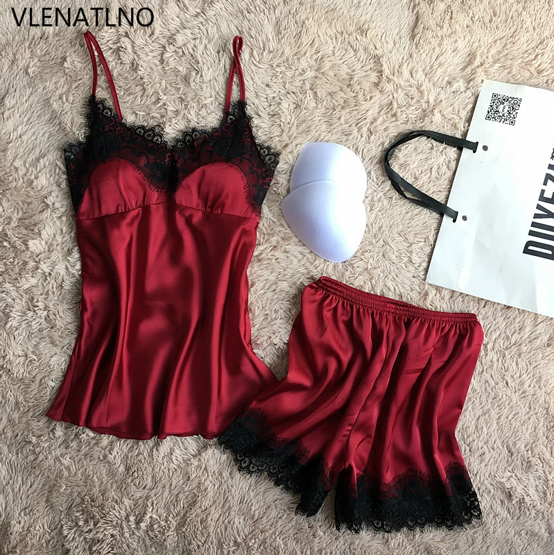 

Sexy Ladies Silk Satin Pajama Set Lace Pyjama Set Sleeveless Pijama Set V-neck Sleepwear Summer Home Wear Sleep Wear For Women