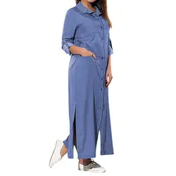 Для женщин карманов свободная футболка платье с длинным рукавом джинсовые платья отложным вырезом Дамская мода макси платье 2019 модные