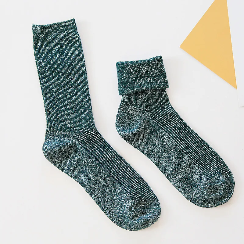 Весенние хлопковые носки с пайетками для женщин, одноцветные простые носки, модные художественные складные женские студенческие блестящие носки с металлическими линиями - Цвет: Зеленый