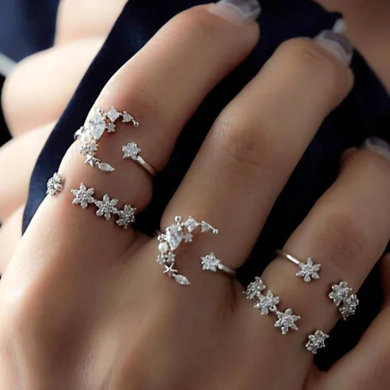 

5PCS/Set Bohemia Romantic Moon Stars Flower Cross Crystal Ring Set Boho Female Charms Jewelry Knuckle Rings For Women Girl 5R124