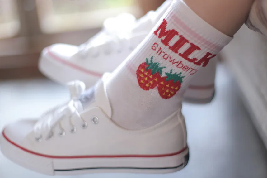 Pile Heap Milk Women Pink Socks Cotton Cartoon Fruit Print Cute Socks Meias Korean Harajuku Style with Cow Strawberry Banana 39