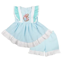Summer Girl Outfits Baby Girl Clothes Boat Pattern Short with Plaid Pants Kids Boutique Outfits for Girls 2GK903-1110-HY