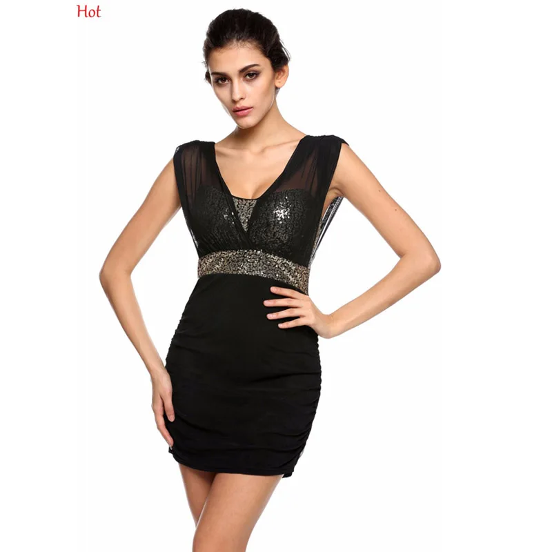 

Women Sexy Dress Sequins Sleeveless Bodycon Deep V Neck Dress Club Patchwork Mesh Party Cocktail Short Mini Dress Black 11679