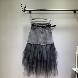 2019 Женская юбка Весенняя Модная Джинсовая хлопковая однотонная трапециевидная длина до середины икры Империя Талия Повседневная 2019
