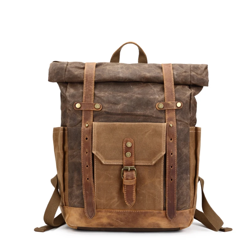 COLOR DISPLAY COFFEE of Woosir Waterproof Waxed Canvas Leather College Weekend Travel laptops Backpack