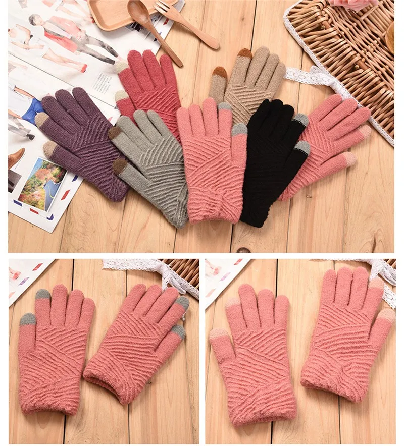 Women Gloves Winter Woolen Knitted Gloves Touch Screen Mittens Keep Warm Female Winter Full Finger Stripe Gloves Fashion Autumn -