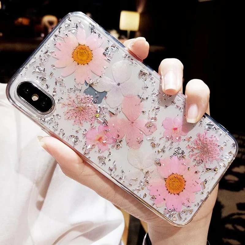 

Luxury Real Dried Flower Phone Case For iPhone 7 6 6S 8 Plus Transparent Soft Silicon Shockproof Cover For iPhone X XR XS Max