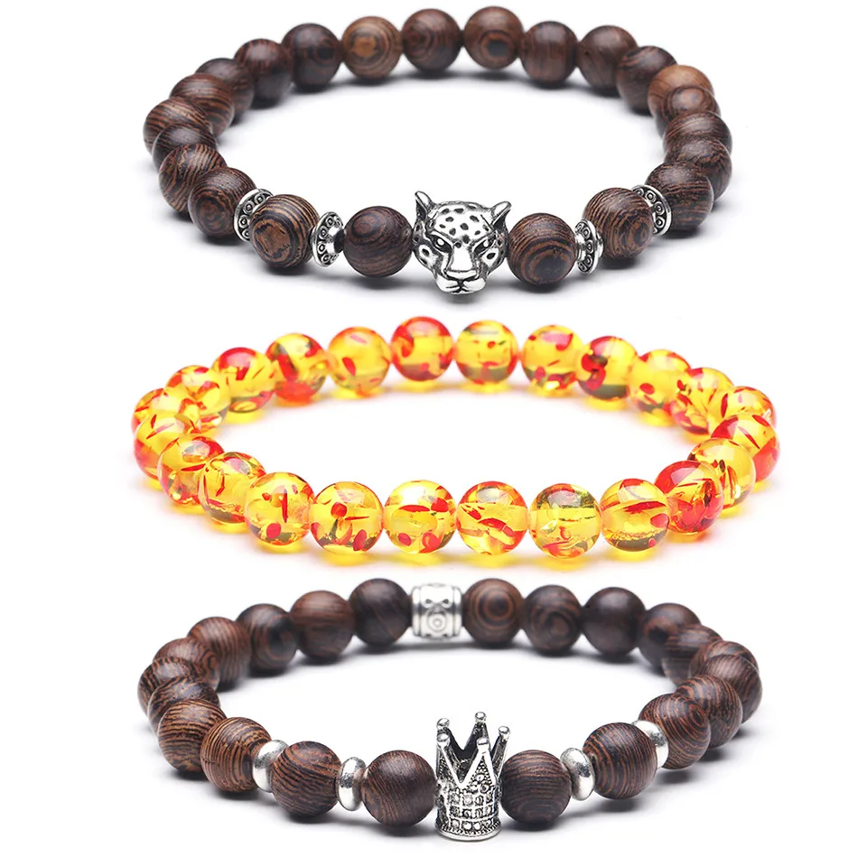 

Couples 8MM beads Men Charm Bracelet Jewelry Wood and Beeswax Beaded Alloy Leopard Head Crown Handmade Strand Bracelets Male