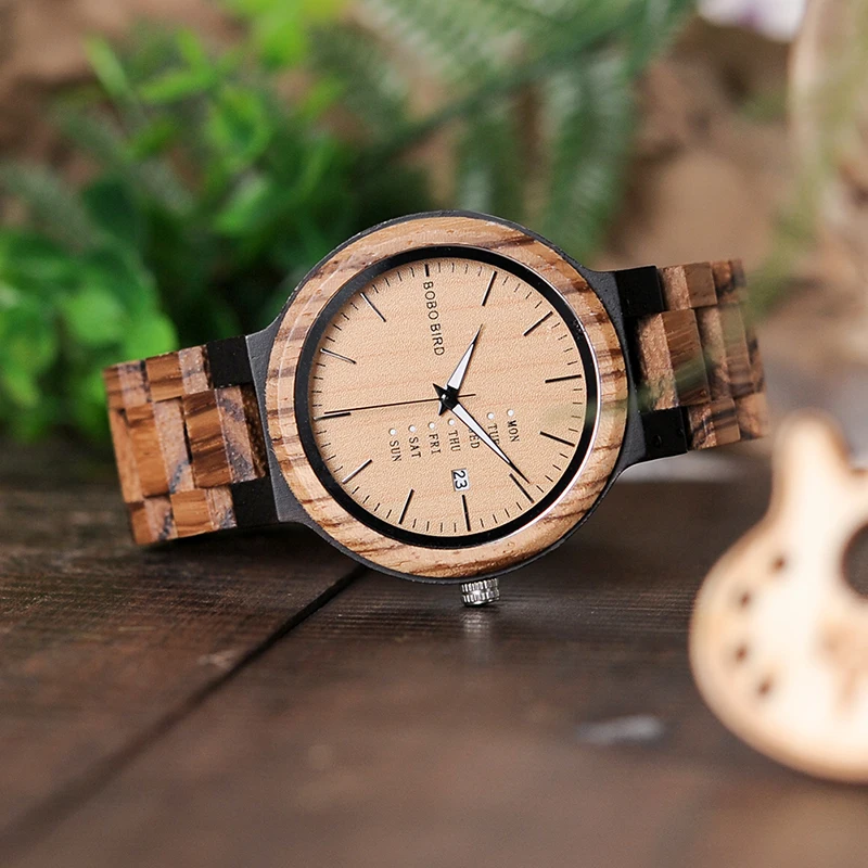 BOBO BIRD O26-1 Zebra Wood Army Military Watches for Men's Quartz Date wristwatch With Week Display In Gift Box Ship from Spain