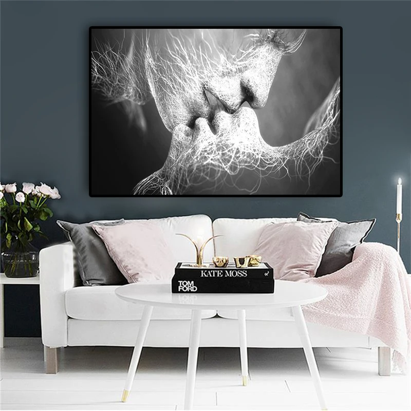 Black White Love Kiss Abstract Oil Painting on Canvas Wall Art Decor No Frame LC 