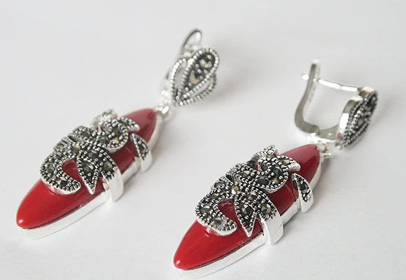 

HOT SELL - HANDMADE VINTAGE NATURALRED CORAL 925 SILVER MARCASITE EARRINGS 1.5" -Top quality free shipping