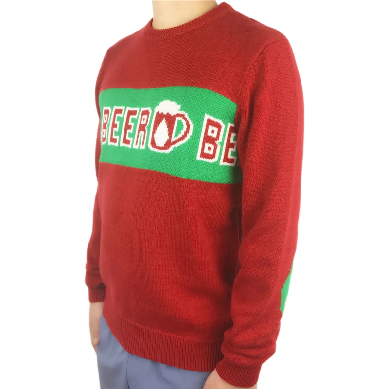 Funny Knitted Beer Pattern Elbow Patched Crewneck Sweater for Men St. Patrick's Day Oktoberfest Christmas Knit Pullover Jumper