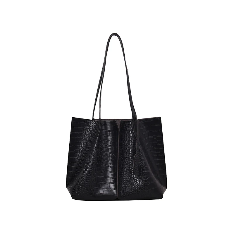 2 шт. женская сумка на плечо с рюшами Крокодил Аллигатор женская сумка, композитный мешок большой емкости женская сумочка сумки для покупок и поездок - Цвет: BLACK