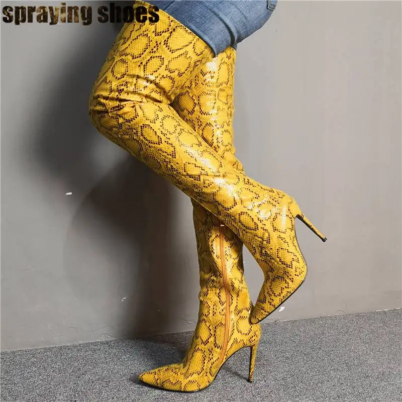 

Sexy Yellow Snakeskin Print Over The Knee Women Thigh High Boots Pointed Toe High Heels Pumps Zip Decor Winter Boots Lady Shoes
