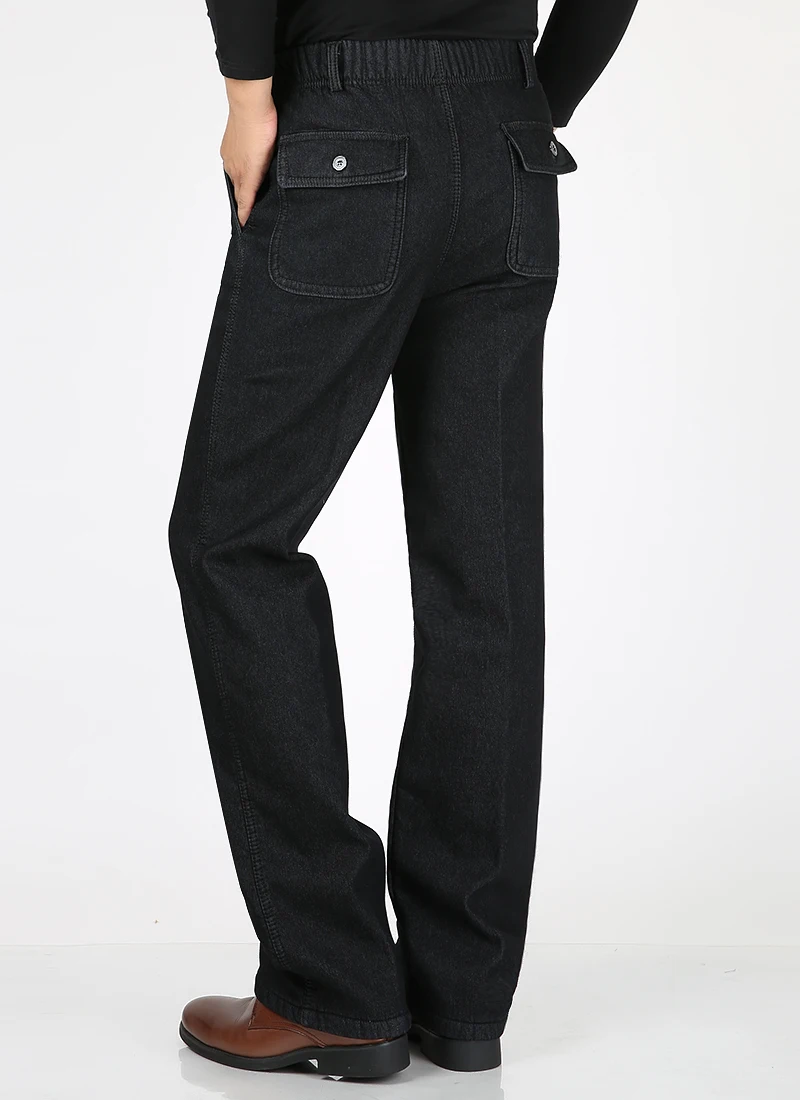 Зимние теплые бархатные утолщенные эластичные талии для мужчин среднего возраста свободные прямые джинсы повседневные джинсы мужские однотонные флисовые джинсовые брюки