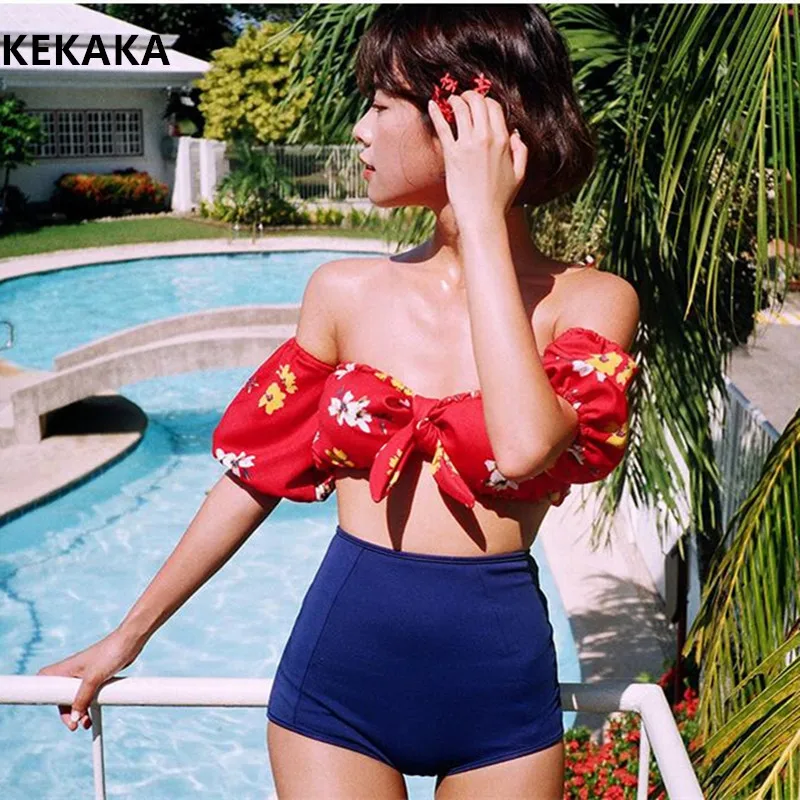 

KEKAKA 2018 Korea Vintage Retro Red Bowknot Off Shoulder Swimsuit Bikinis Women Cute Push Up High Waisted Bathing Suit Beachwear