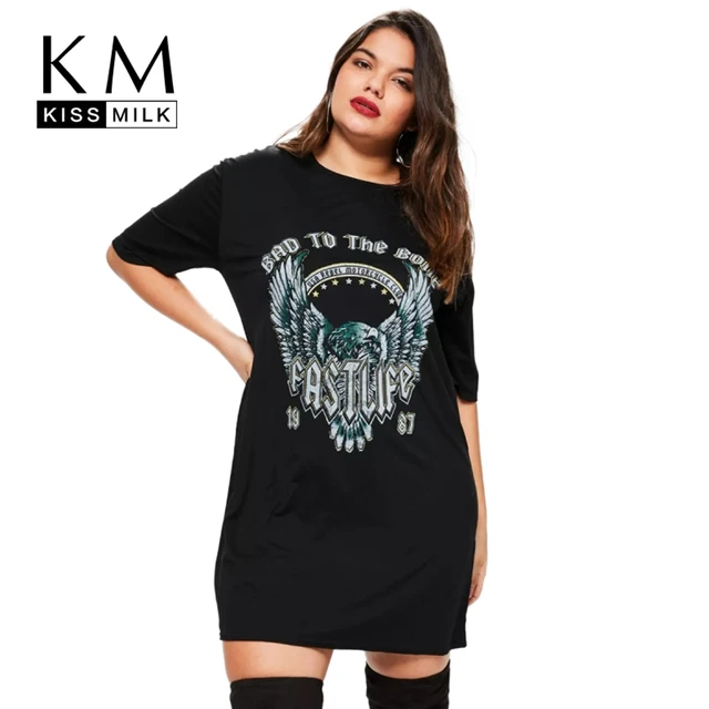 Kissmilk 2018 Women Plus Size Eagle Letter Print T Shirt Dress Punk Kissmilk 2018 Women Plus Size Eagle Letter Print T Shirt Dress Punk Rock Black Casual