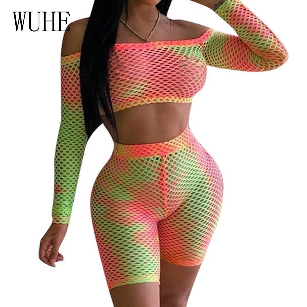 

WUHE Two Pieces Sets Personality Hollow Out Grid Gradient Jumpsuits Elegant Long Sleeve Strapless See Through Summer Playsuits