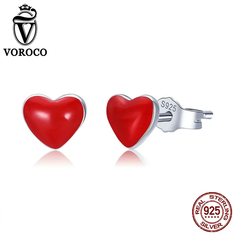 VOROCO Trendy Tiny Red Heart Enamel Earring Girl Jewelry Gift Real 925 Sterling Silver Stud Earrings Female Fine Jewelry VSE147