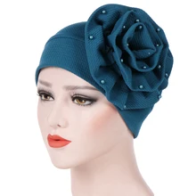 1 шт., женские эластичные шапочки с большим цветком, жемчужные бисероплетенные волосы, кепка Африканский тюрбан, бохо, головной убор, Свадебная вечеринка, шапка