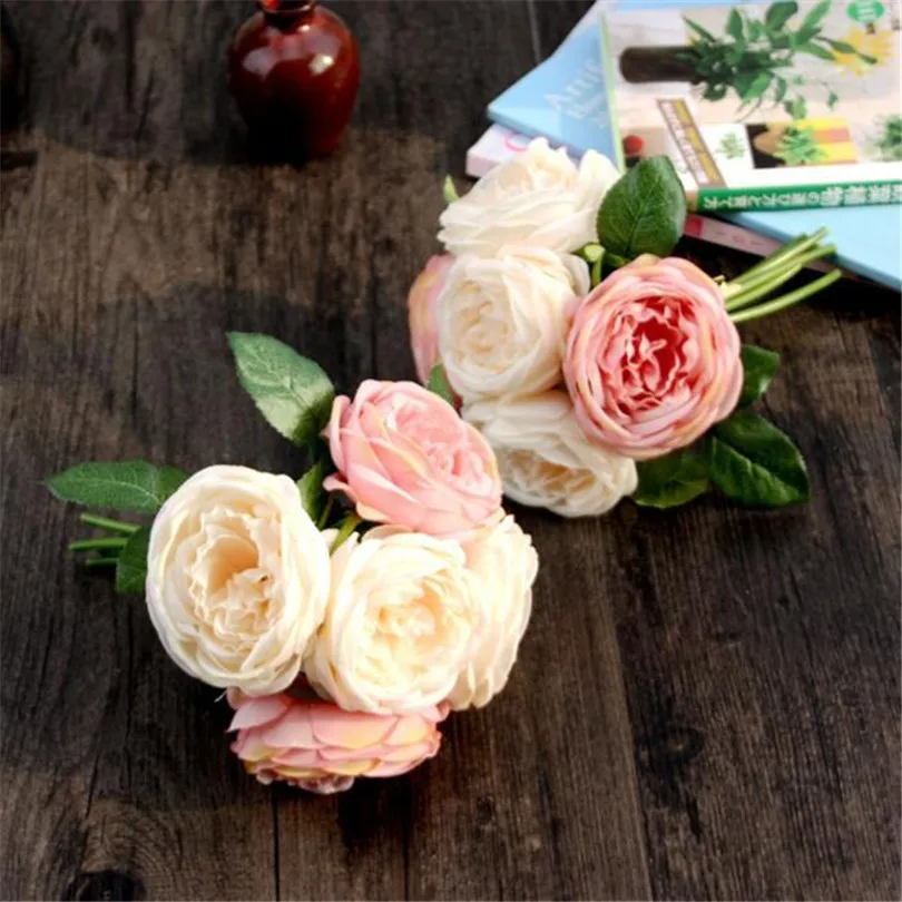 1PCS Hot Sale Artificial Fake Flowers Leaf  Artificial Rose Silk Flowers 5 Flower Head Leaf Garden Decor DIY pink  (4)