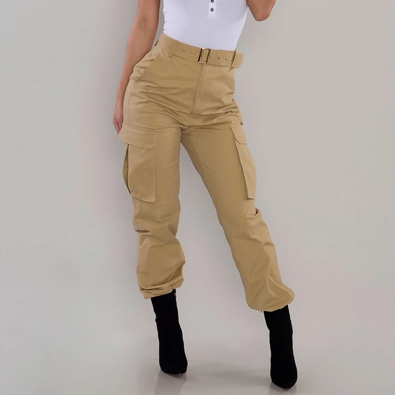 Повседневные женские брюки с высокой талией несколькими карманами на пуговицах