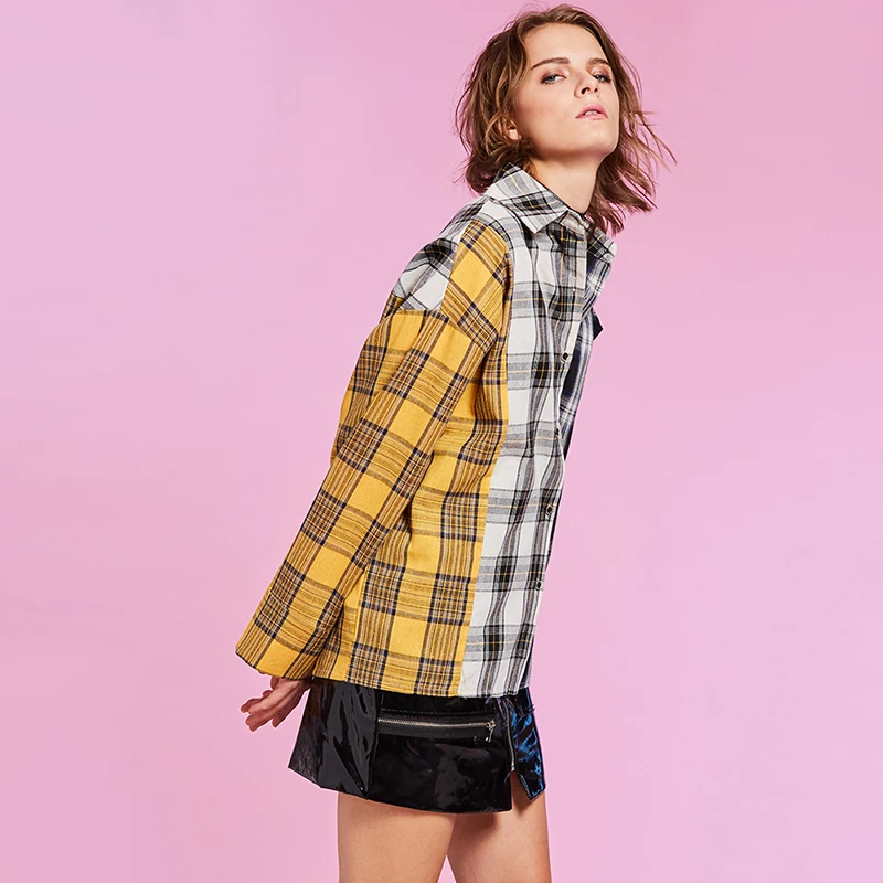 Spring Shirt Women Plaid Shirt Cotton Long Sleeve Patchwork Blouse for Girls Korean Top Streetwear Brand Shirt - 4.00017E+12