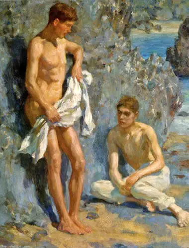 

GAY Oil painting Henry Scott Tuke nude young boys after bathing by beach view