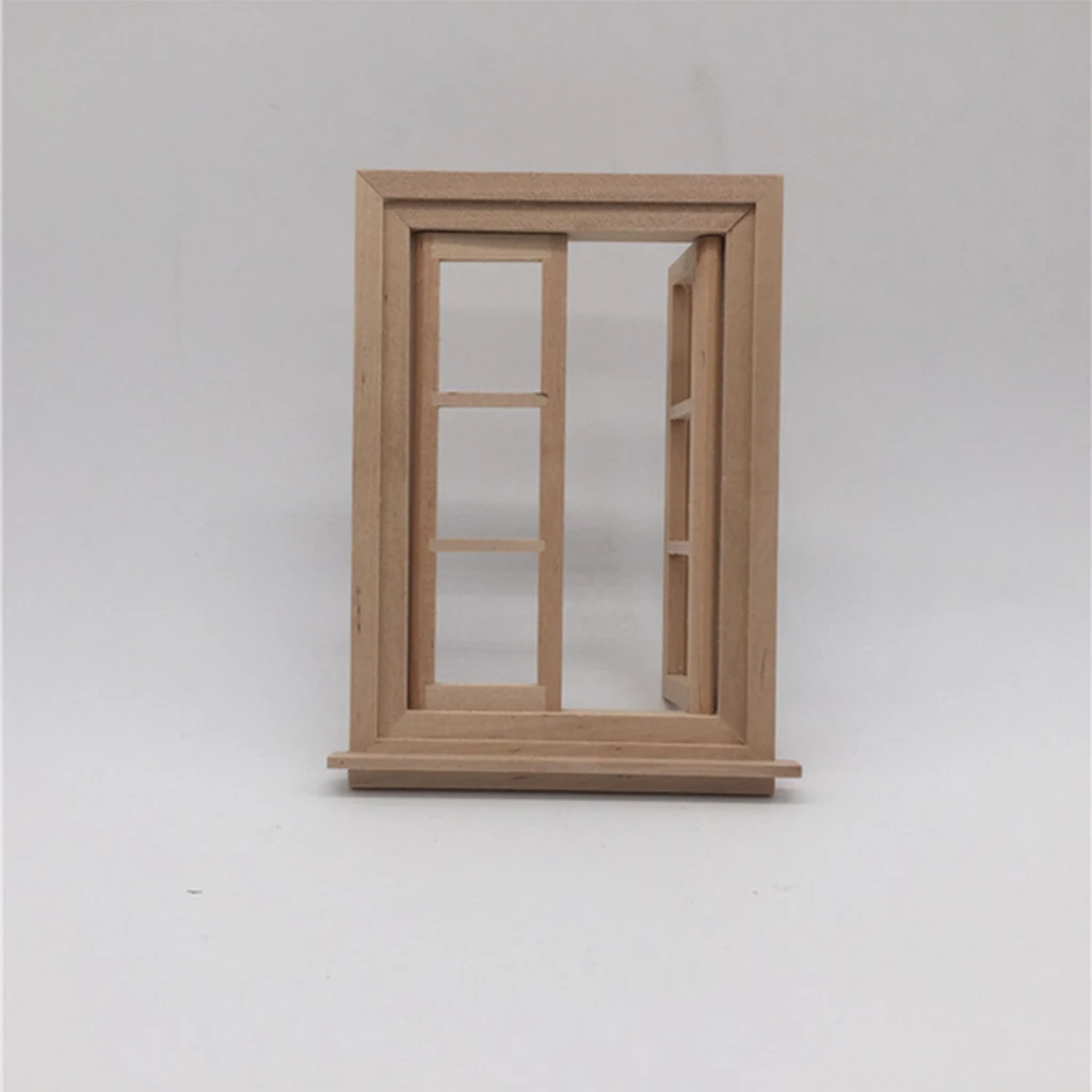 Unpainted Mini Wood 6 Pane Window & Frame & Glass Sheet for 1/12 Dollhouse Furniture Any Room Items Accessory