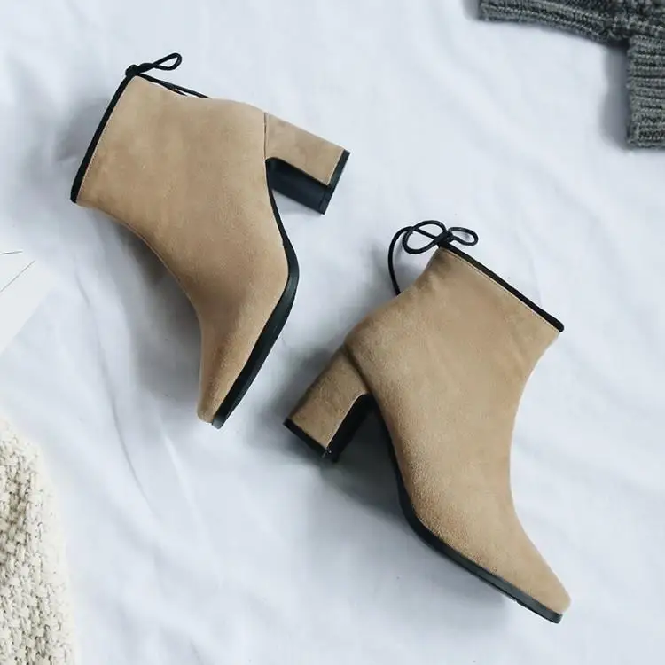 Femmes Femme as Show Abricot Chic Toe Talon Slim Bottes Haute Zapatos Couleur Chunky As Chaussures Caramel Show Flock Faux Suede Pour Squre Cheville CtdsxhQr