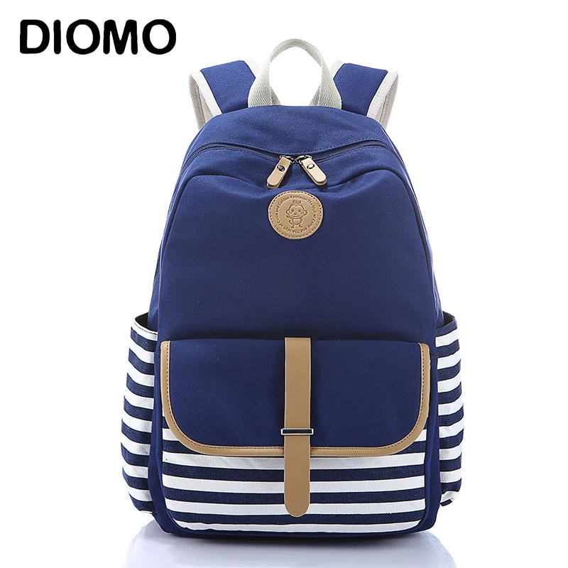 baratas DIOMO Listras Bolsa Escola Mochila de Lona Mochilas Elegantes Estudantes Mochila Escolar Para Meninas Sacos de Viagem USB Porto De Carregamento