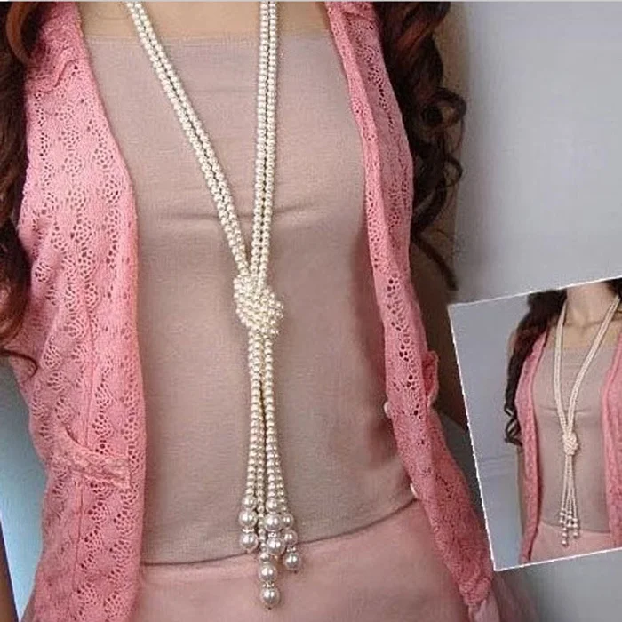 

Delicate 1pcs Long Knotted Multi Simulated Pearl Necklace Women Fashion Chain Accessories Jewelry for Girl