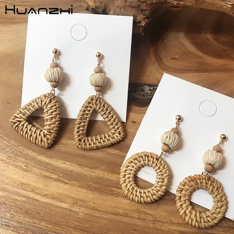 

HUANZHI 2019 New Straw Vine Weaving Rattan Geometric Triangle Round Hexagon Long Earrings for Women Party Vacation Beach
