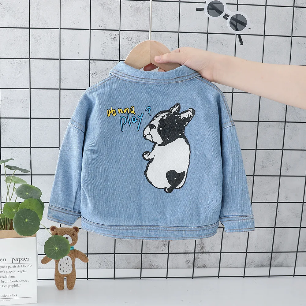 

2019 Autumn Baby Boys Long Sleeve Cartoon Dog Lapel Collar Denim Jeans Jacket Children Kids Outerwear Girls Casual Coats casaco