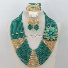 Нигерийские Свадебные бусы ожерелья Ювелирные наборы 10 слоев Бирюзовые/Золотые африканские хрустальные бусины набор ювелирных изделий AMJ794
