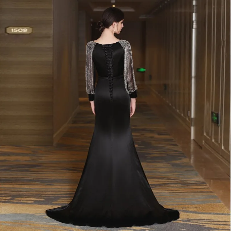 JaneVini пикантные черные сапоги с длинными рукавами мама платье-Русалка для невесты Одежда с длинным рукавом из бисера Атласное Вечернее платье развертки Поезд Lange Jurk