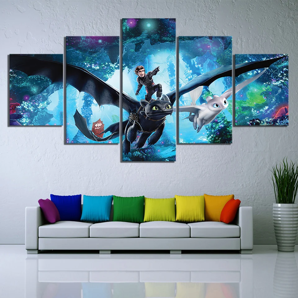 

Cartoon Picture Wall Art Frame Canvas Painting 5 Panel Cartoon Movie How To Train Your Dragon Posters Toothless Print Home Decor