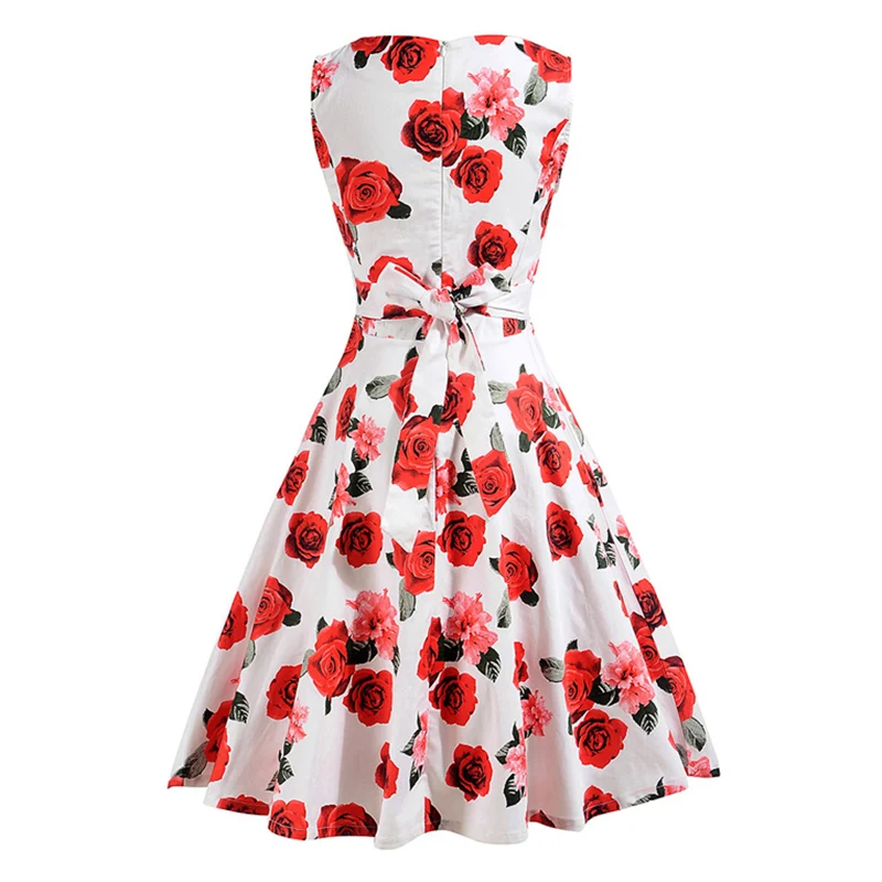 Kostlish Print Summer Dress Women 2017 Sleeveless Big Swing Belt Tunic Vintage Dress Elegant Rockabilly Party Dresses Sundress (2)