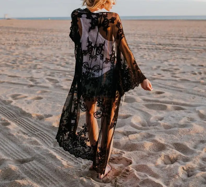 Женский винтажный кардиган кимоно Boho кружевная блузка с длинным рукавом длинное