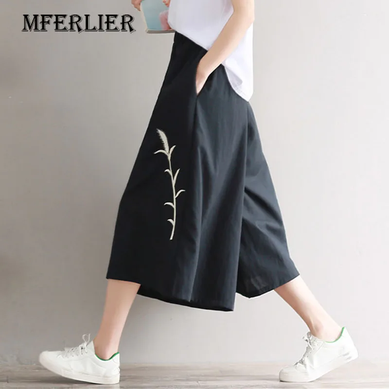 

Mferlier Summer Trousers Vintage Grass Embroidered Woman Pants Loose Solid Black Elastic High Waist Wide Leg Pants