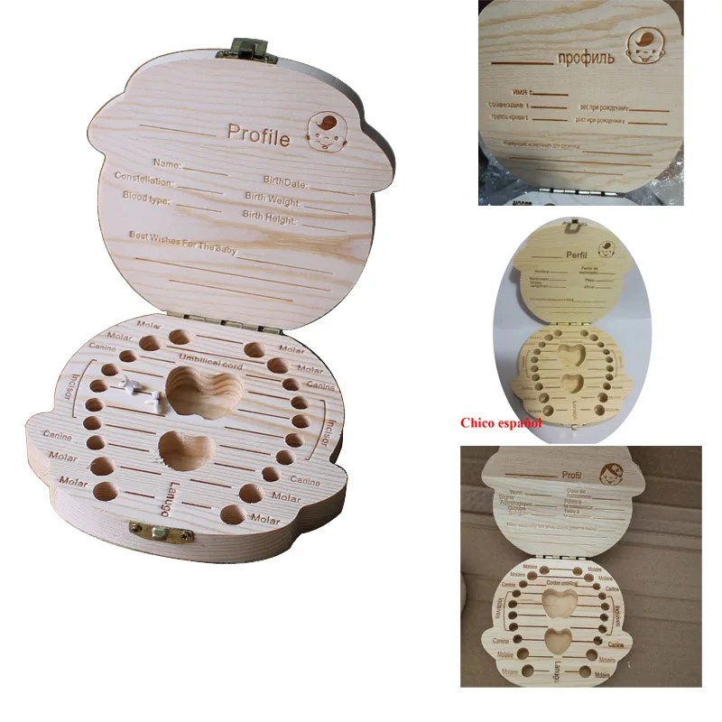 

Baby Wooden Tooth Box Spanish English French Russia Dutch Organizer Milk Teeth Storage Collect Teeth Umbilica Save Gifts